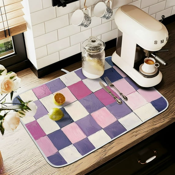 Yayeee Dish Drying Mat for Kitchen Counter 18" x 24" Microfiber Super Absorbent Coffee Decorative Pad, Pink and Purple Plaid Pattern
