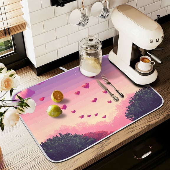 Yayeee Dish Drying Mat for Kitchen Counter 16" x 18" Microfiber Super Absorbent Coffee Decorative Pad, Pixel Floating Hearts