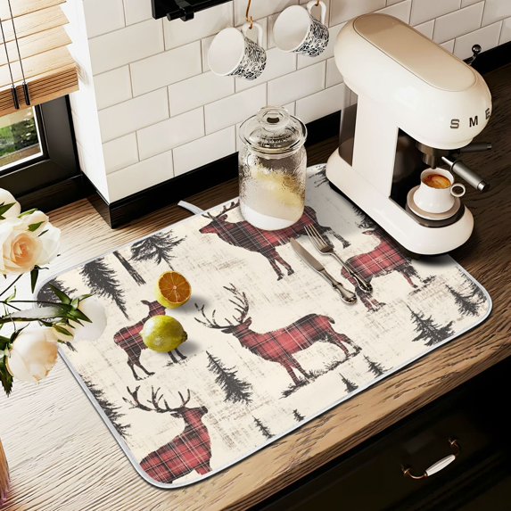 Yayeee Dish Drying Mat for Kitchen Counter 18" x 24" Microfiber Super Absorbent Coffee Decorative Pad, Plaid Deer