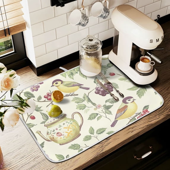 Yayeee Dish Drying Mat for Kitchen Counter 16" x 18" Microfiber Super Absorbent Coffee Decorative Pad, Purple Birds Teapots