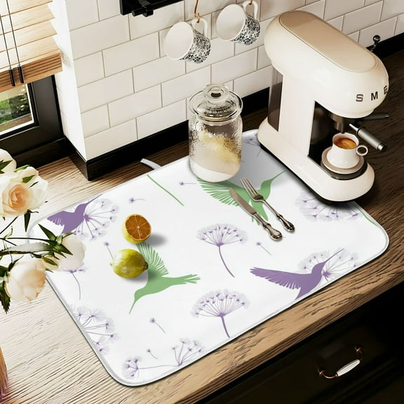 Yayeee Drying Mat for Kitchen Counter Dishes Microfiber Coffee Decorative Pad, Purple Birds