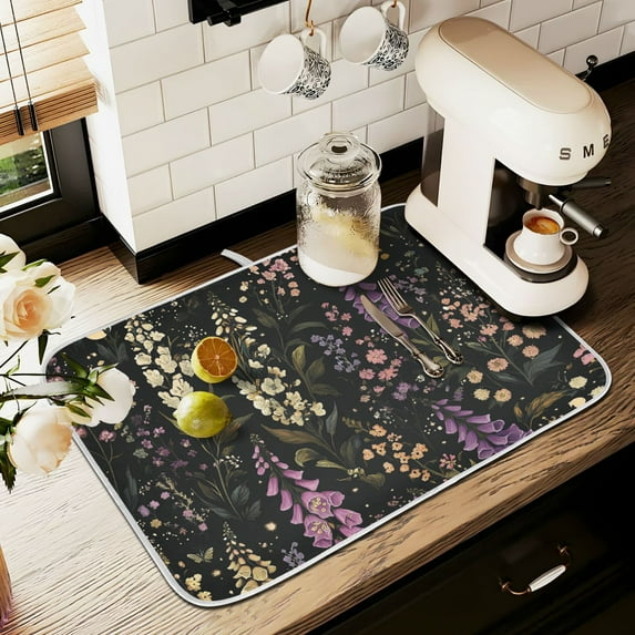 Yayeee Dish Drying Mat for Kitchen Counter 16" x 18" Microfiber Super Absorbent Coffee Decorative Pad, Purple Floral Pattern