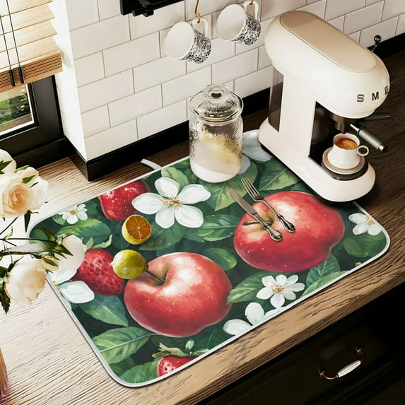 Yayeee Dish Drying Mat for Kitchen Counter 16" x 18" Microfiber Super Absorbent Coffee Decorative Pad, Red Apple Pattern