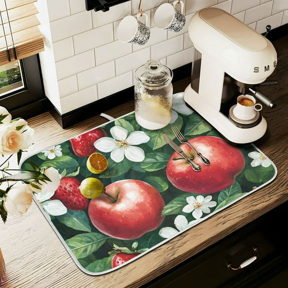 Yayeee Dish Drying Mat for Kitchen Counter 16" x 18" Microfiber Super Absorbent Coffee Decorative Pad, Red Apple Pattern
