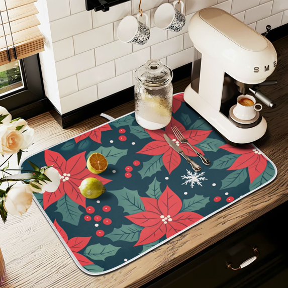 Yayeee Dish Drying Mat for Kitchen Counter 16" x 18" Microfiber Super Absorbent Coffee Decorative Pad, Red Christmas Leaves