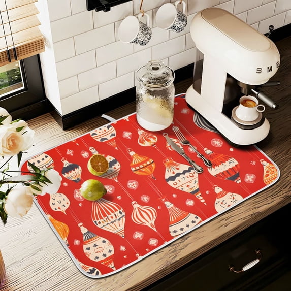 Yayeee Dish Drying Mat for Kitchen Counter 16" x 18" Microfiber Super Absorbent Coffee Decorative Pad, Red Christmas Ornaments Pattern