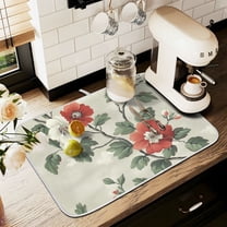 Yayeee Drying Mat for Kitchen Counter Dishes Microfiber Coffee Decorative Pad, Red Floral Pattern