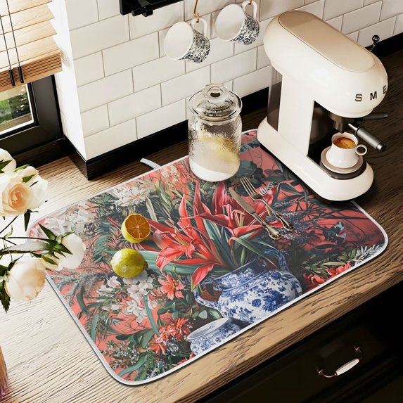 Yayeee Dish Drying Mat for Kitchen Counter 18" x 24" Microfiber Super Absorbent Coffee Decorative Pad, Red Vibrant Flowers