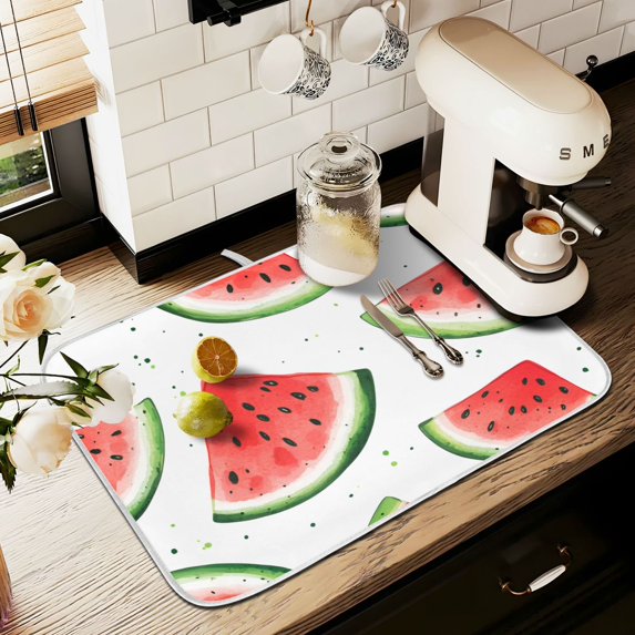 Yayeee Dish Drying Mat for Kitchen Counter 16" x 18" Microfiber Super Absorbent Coffee Decorative Pad, Red Watermelon