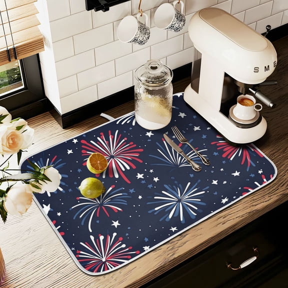 Yayeee Dish Drying Mat for Kitchen Counter 16" x 18" Microfiber Super Absorbent Coffee Decorative Pad, Red and Blue Fireworks Pattern