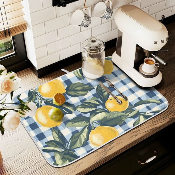 Yayeee Dish Drying Mat for Kitchen Counter 18" x 24" Microfiber Super Absorbent Coffee Decorative Pad, Retro Beige Lemon