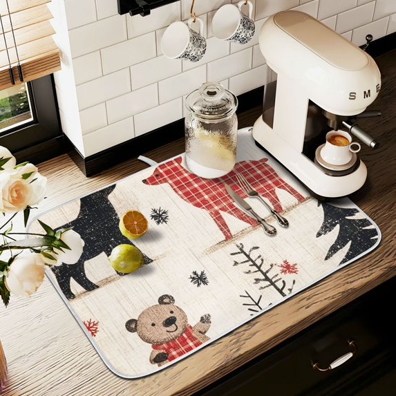 Yayeee Dish Drying Mat for Kitchen Counter 16" x 18" Microfiber Super Absorbent Coffee Decorative Pad, Retro Christmas Forest