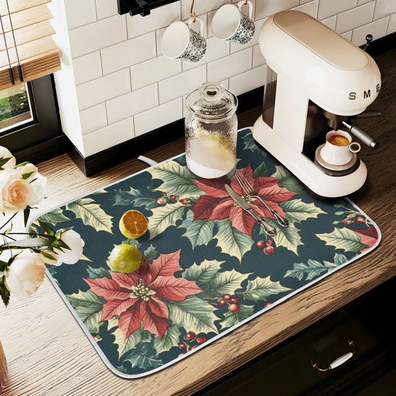Yayeee Dish Drying Mat for Kitchen Counter 18" x 24" Microfiber Super Absorbent Coffee Decorative Pad, Retro Christmas Poinsettia