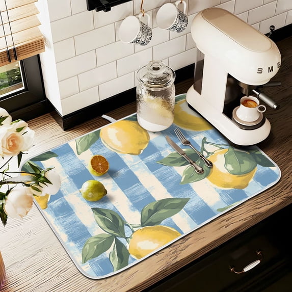 Yayeee Dish Drying Mat for Kitchen Counter 18" x 24" Microfiber Super Absorbent Coffee Decorative Pad, Retro Lemon Leaves