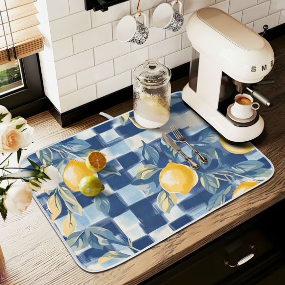 Yayeee Dish Drying Mat for Kitchen Counter 16" x 18" Microfiber Super Absorbent Coffee Decorative Pad, Retro Plaid Lemon