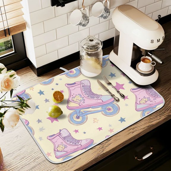Yayeee Dish Drying Mat for Kitchen Counter 16" x 18" Microfiber Super Absorbent Coffee Decorative Pad, Roller Disco