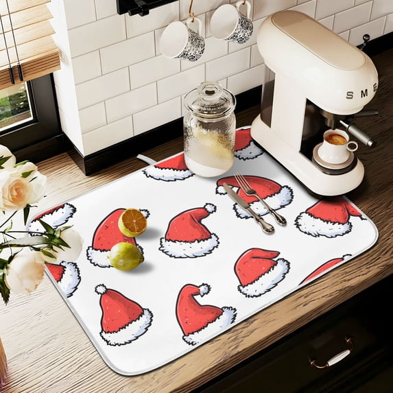 Yayeee Dish Drying Mat for Kitchen Counter 16" x 18" Microfiber Super Absorbent Coffee Decorative Pad, Santa Hats Pattern