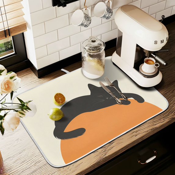 Yayeee Dish Drying Mat for Kitchen Counter 16" x 18" Microfiber Super Absorbent Coffee Decorative Pad, Sleeping Black Cat