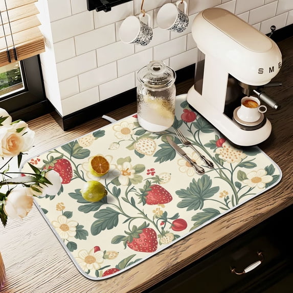 Yayeee Dish Drying Mat for Kitchen Counter 16" x 18" Microfiber Super Absorbent Coffee Decorative Pad, Small Strawberry Pattern