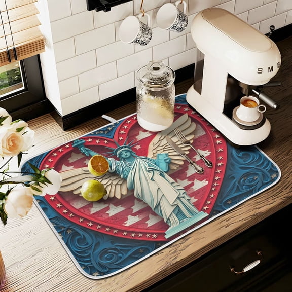 Yayeee Dish Drying Mat for Kitchen Counter 16" x 18" Microfiber Super Absorbent Coffee Decorative Pad, Statue of Liberty Pattern