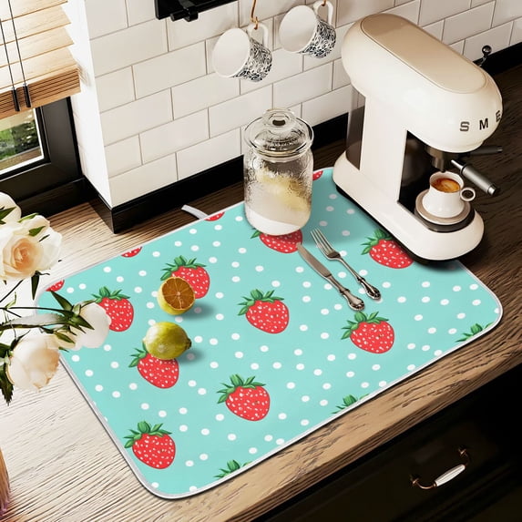 Yayeee Dish Drying Mat for Kitchen Counter 18" x 24" Microfiber Super Absorbent Coffee Decorative Pad, Strawberry Pattern