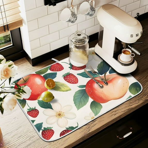 Yayeee Dish Drying Mat for Kitchen Counter 18" x 24" Microfiber Super Absorbent Coffee Decorative Pad, Strawberry Pattern