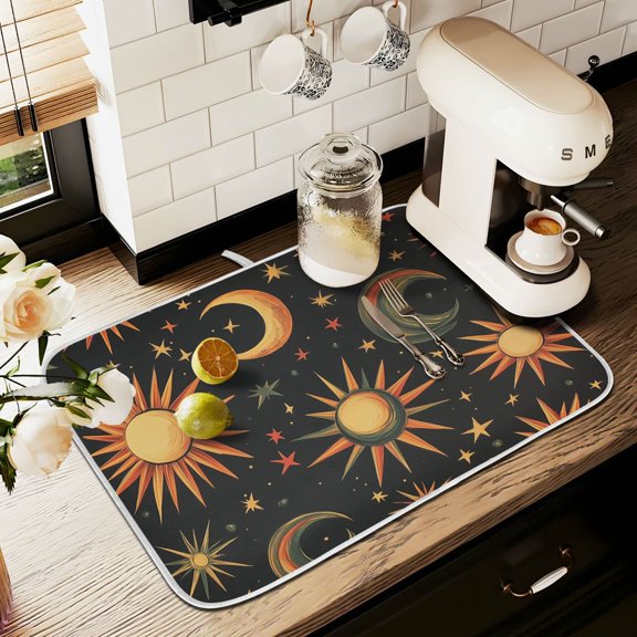 Yayeee Dish Drying Mat for Kitchen Counter 16" x 18" Microfiber Super Absorbent Coffee Decorative Pad, Sun Moon and Stars Pattern