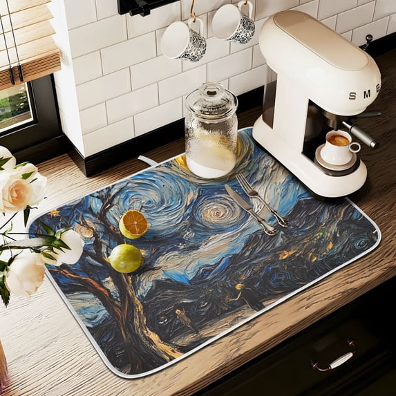 Yayeee Dish Drying Mat for Kitchen Counter 18" x 24" Microfiber Super Absorbent Coffee Decorative Pad, Swirling Starry Sky