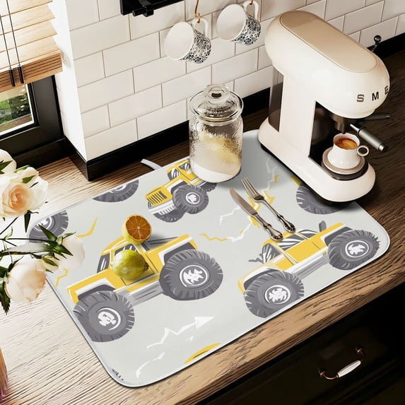 Yayeee Dish Drying Mat for Kitchen Counter 18" x 24" Microfiber Super Absorbent Coffee Decorative Pad, Trucks Pattern