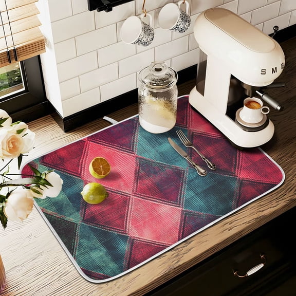 Yayeee Dish Drying Mat for Kitchen Counter 16" x 18" Microfiber Super Absorbent Coffee Decorative Pad, Vibrant Green Tartan Pattern