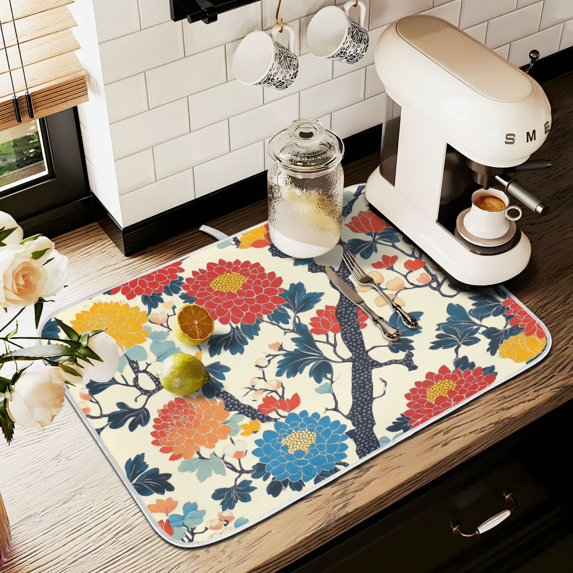 Yayeee Dish Drying Mat for Kitchen Counter 16" x 18" Microfiber Super Absorbent Coffee Decorative Pad, Vibrant Japanese Flowers