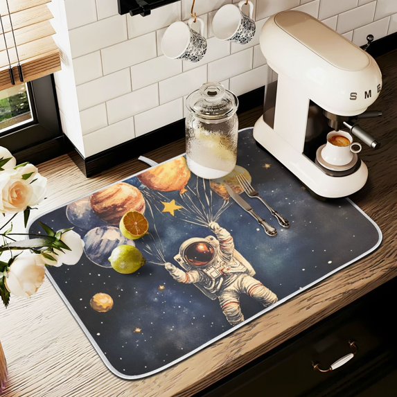 Yayeee Dish Drying Mat for Kitchen Counter 18" x 24" Microfiber Super Absorbent Coffee Decorative Pad, Watercolor Astronaut