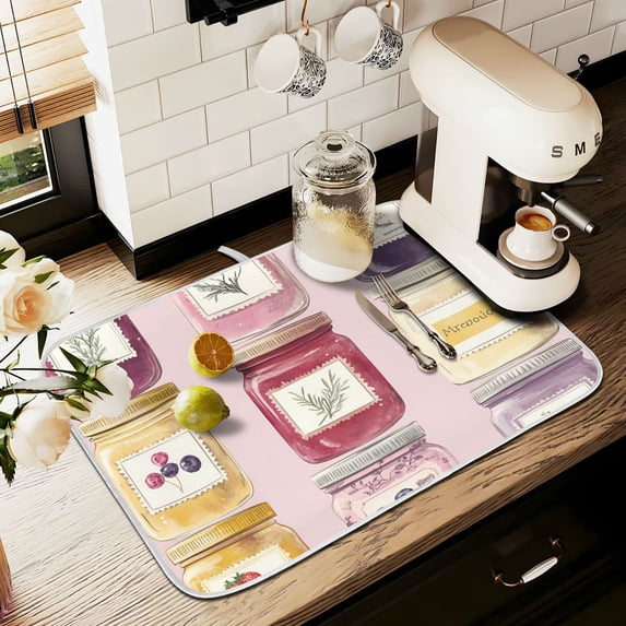 Yayeee Dish Drying Mat for Kitchen Counter 18" x 24" Microfiber Super Absorbent Coffee Decorative Pad, Watercolor Jar