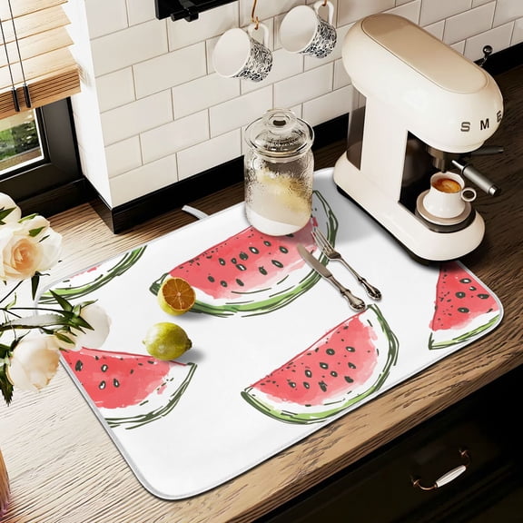 Yayeee Dish Drying Mat for Kitchen Counter 16" x 18" Microfiber Super Absorbent Coffee Decorative Pad, Watermelon Pattern