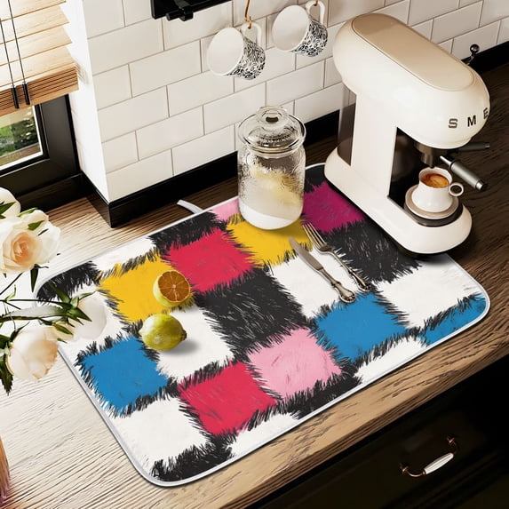 Yayeee Dish Drying Mat for Kitchen Counter 16" x 18" Microfiber Super Absorbent Coffee Decorative Pad, White Checkered Pattern