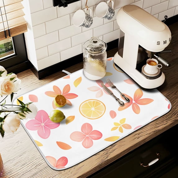 Yayeee Dish Drying Mat for Kitchen Counter 18" x 24" Microfiber Super Absorbent Coffee Decorative Pad, White Floral Orange