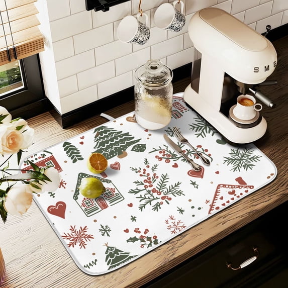 Yayeee Dish Drying Mat for Kitchen Counter 16" x 18" Microfiber Super Absorbent Coffee Decorative Pad, White Nordic Christmas House