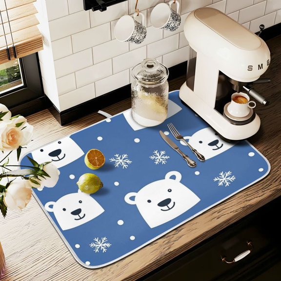 Yayeee Dish Drying Mat for Kitchen Counter 16" x 18" Microfiber Super Absorbent Coffee Decorative Pad, White Polar Bear