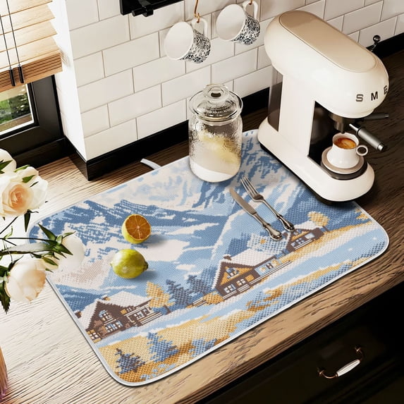Yayeee Dish Drying Mat for Kitchen Counter 18" x 24" Microfiber Super Absorbent Coffee Decorative Pad, Winter Mountain