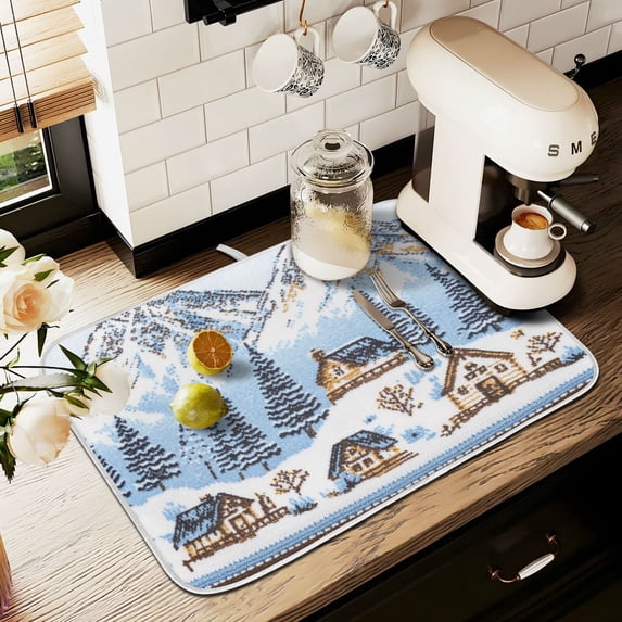 Yayeee Dish Drying Mat for Kitchen Counter 16" x 18" Microfiber Super Absorbent Coffee Decorative Pad, Winter Village