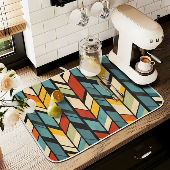 Yayeee Dish Drying Mat for Kitchen Counter 16" x 18" Microfiber Super Absorbent Coffee Decorative Pad, Yellow Geometric
