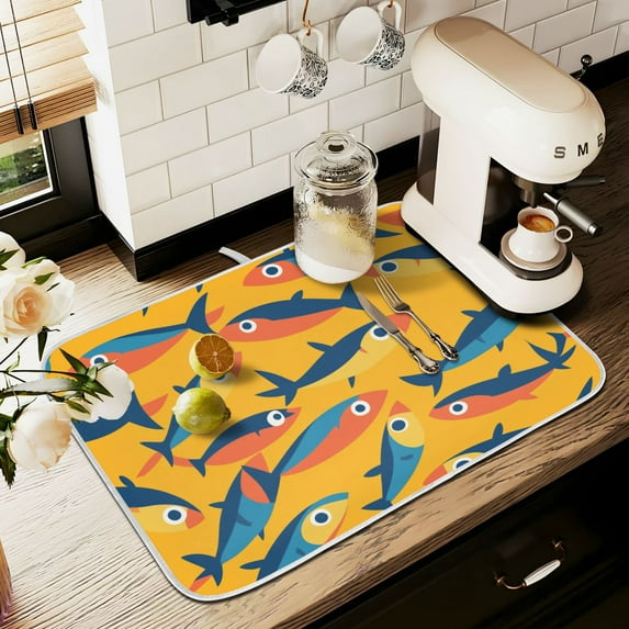 Yayeee Dish Drying Mat for Kitchen Counter 18" x 24" Microfiber Super Absorbent Coffee Decorative Pad, Yellow Sardines Pattern