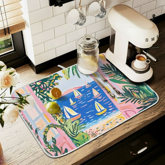 Yayeee Drying Mat for Kitchen Counter Dishes Microfiber Coffee Decorative Pad, Yellow Seaside
