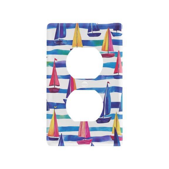 Yayeee Duplex Wall Plate 1-Gang 4.5"x2.7" Home Receptacle Light Switch Decorative Outlet Cover, Blue Hand Drawn Sailboats