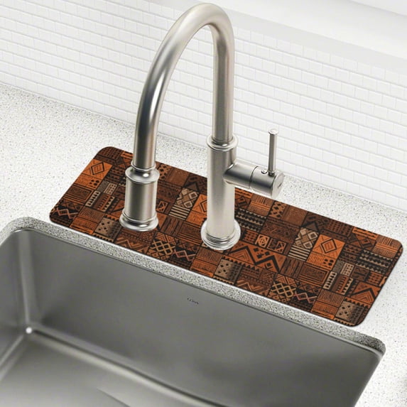 Yayeee Faucet Mat for Kitchen Sink 14.7" Diatomite Long Splash Guard Pad, Abstract Tribal Pattern