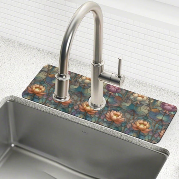 Yayeee Faucet Mat for Kitchen Sink 14.7" Diatomite Long Splash Guard Pad, Abstract Water Lilies Pattern, 2 Pack