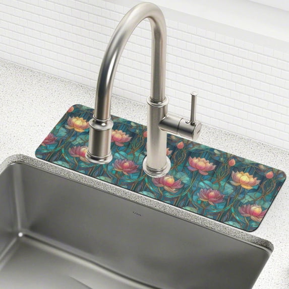 Yayeee Faucet Mat for Kitchen Sink 14.7" Diatomite Long Splash Guard Pad, Art Water Lilies Pattern, 2 Pack