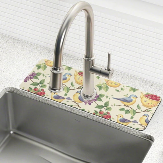 Yayeee Faucet Mat for Kitchen Sink 14.7" Diatomite Long Splash Guard Pad, Birds with Strawberries