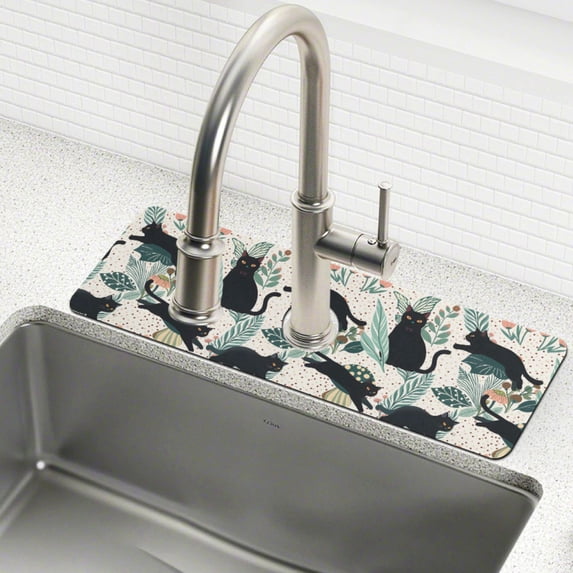 Yayeee Faucet Mat for Kitchen Sink 14.7" Diatomite Long Splash Guard Pad, Black Floral Cat Pattern, 2 Pack