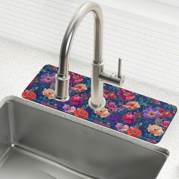 Yayeee Faucet Mat for Kitchen Sink 14.7" Diatomite Long Splash Guard Pad, Blooming Flowers Pattern